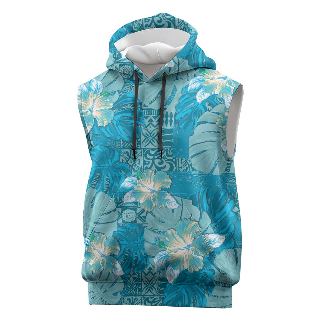 Hawaii Sleeveless Hoodie Teal Polynesian Monstera Patterns - Polynesian Pride