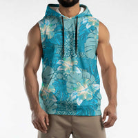 Hawaii Sleeveless Hoodie Teal Polynesian Monstera Patterns - Polynesian Pride