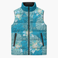 Hawaii Sleeveless Puffer Jacket Teal Polynesian Monstera Patterns - Polynesian Pride