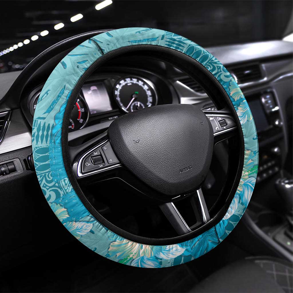 Hawaii Steering Wheel Cover Teal Polynesian Monstera Patterns - Polynesian Pride
