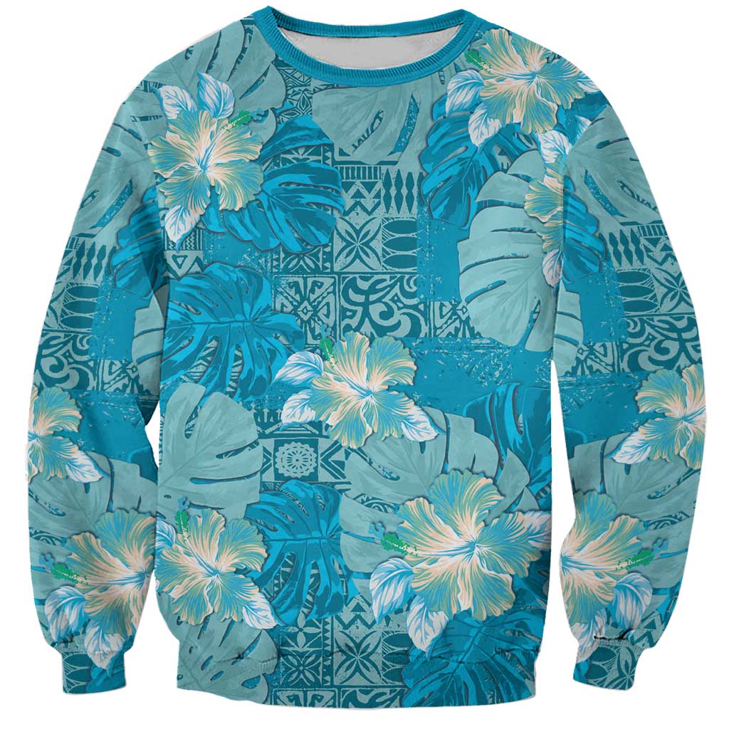 Hawaii Sweatshirt Teal Polynesian Monstera Patterns - Polynesian Pride