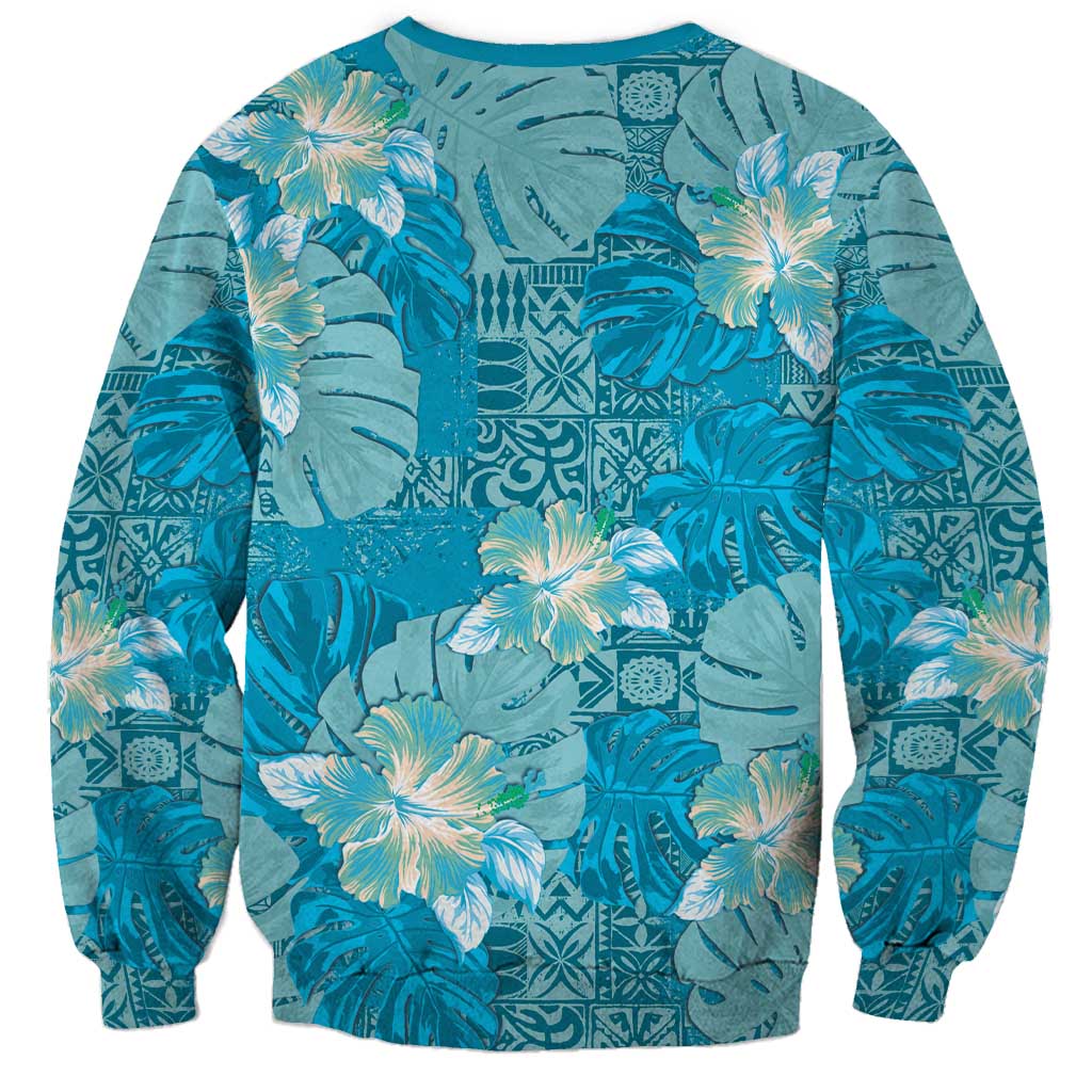 Hawaii Sweatshirt Teal Polynesian Monstera Patterns - Polynesian Pride