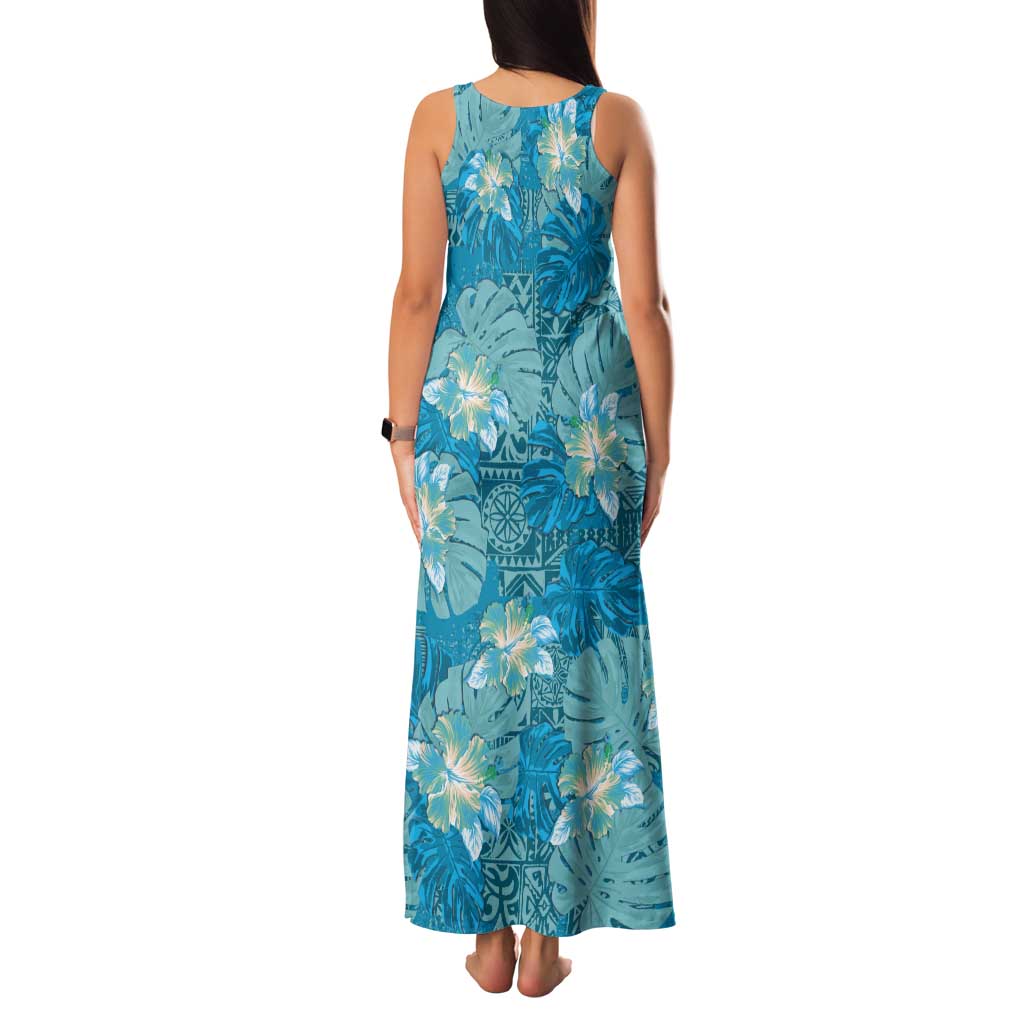 Hawaii Tank Maxi Dress Teal Polynesian Monstera Patterns - Polynesian Pride