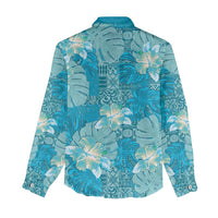 Hawaii Women Casual Shirt Teal Polynesian Monstera Patterns - Polynesian Pride