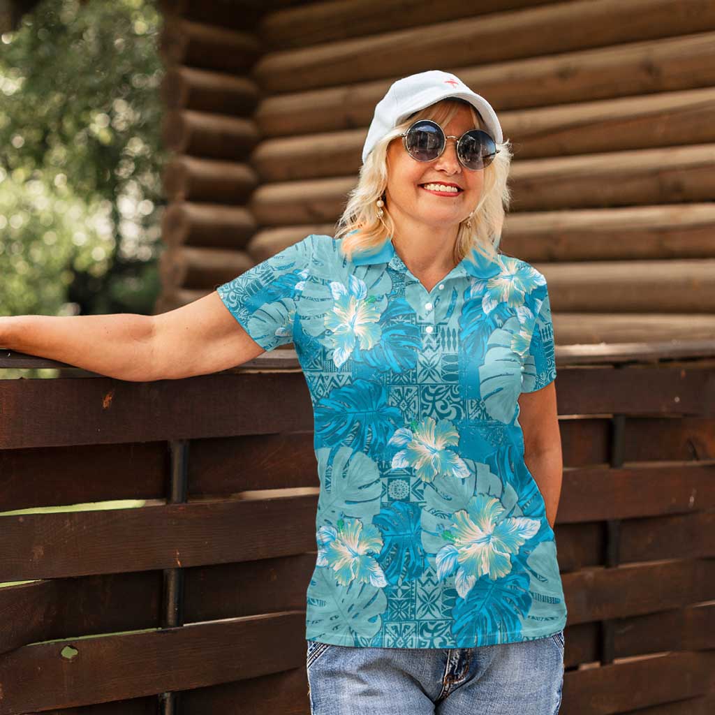 Hawaii Women Polo Shirt Teal Polynesian Monstera Patterns - Polynesian Pride