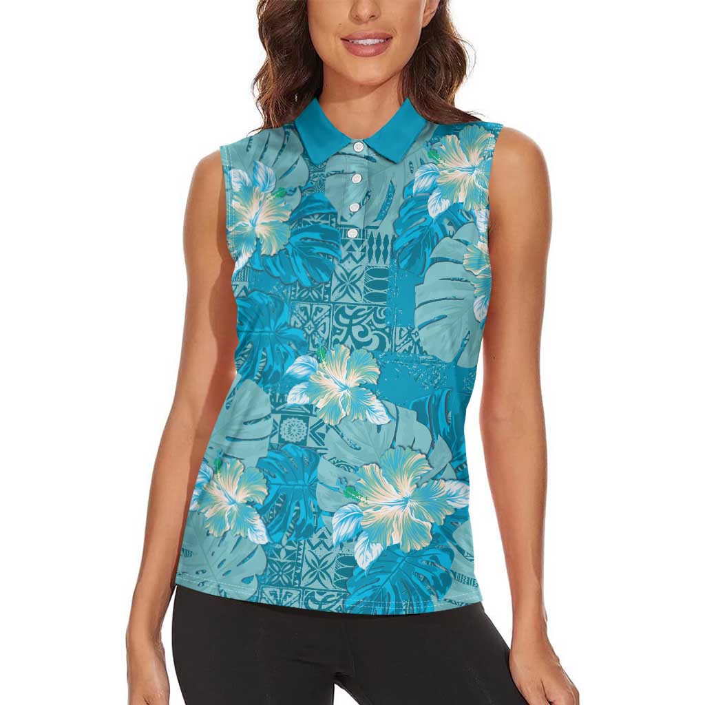 Hawaii Women Sleeveless Polo Shirt Teal Polynesian Monstera Patterns - Polynesian Pride