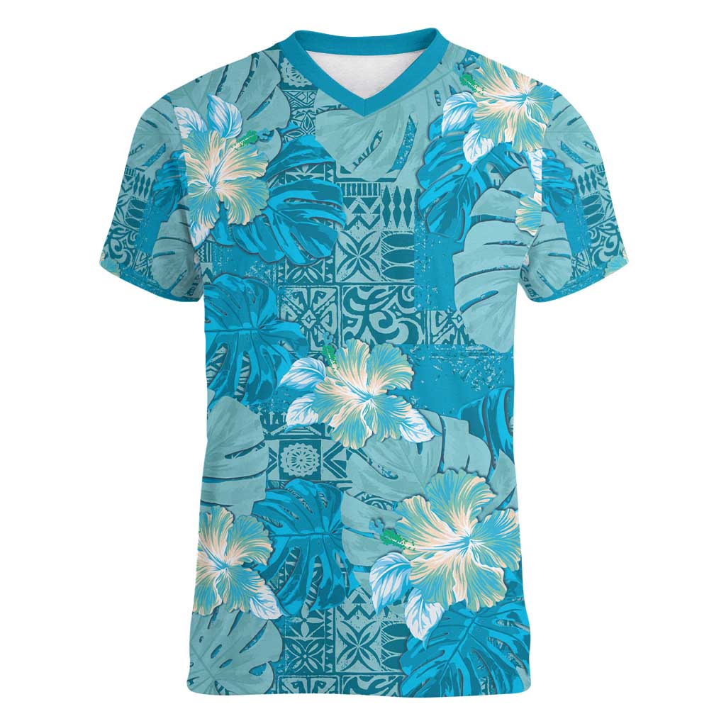 Hawaii Women V-Neck T-Shirt Teal Polynesian Monstera Patterns - Polynesian Pride