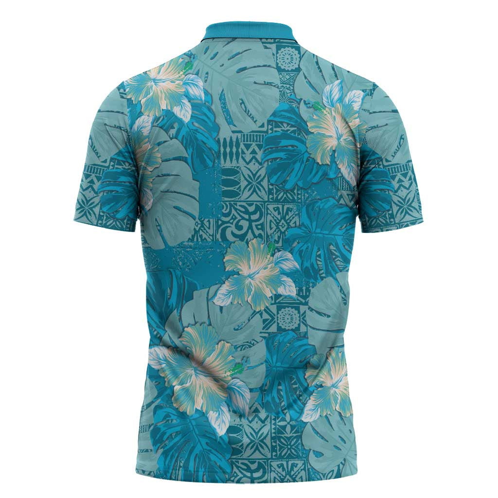 Hawaii Zipper Polo Shirt Teal Polynesian Monstera Patterns - Polynesian Pride