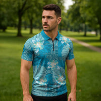 Hawaii Zipper Polo Shirt Teal Polynesian Monstera Patterns - Polynesian Pride