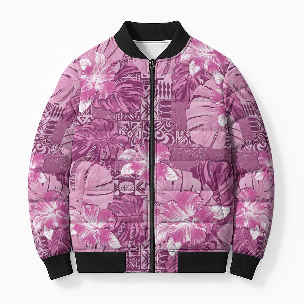 Hawaii Bomber Puffer Jacket Magenta Polynesian Monstera Patterns - Polynesian Pride