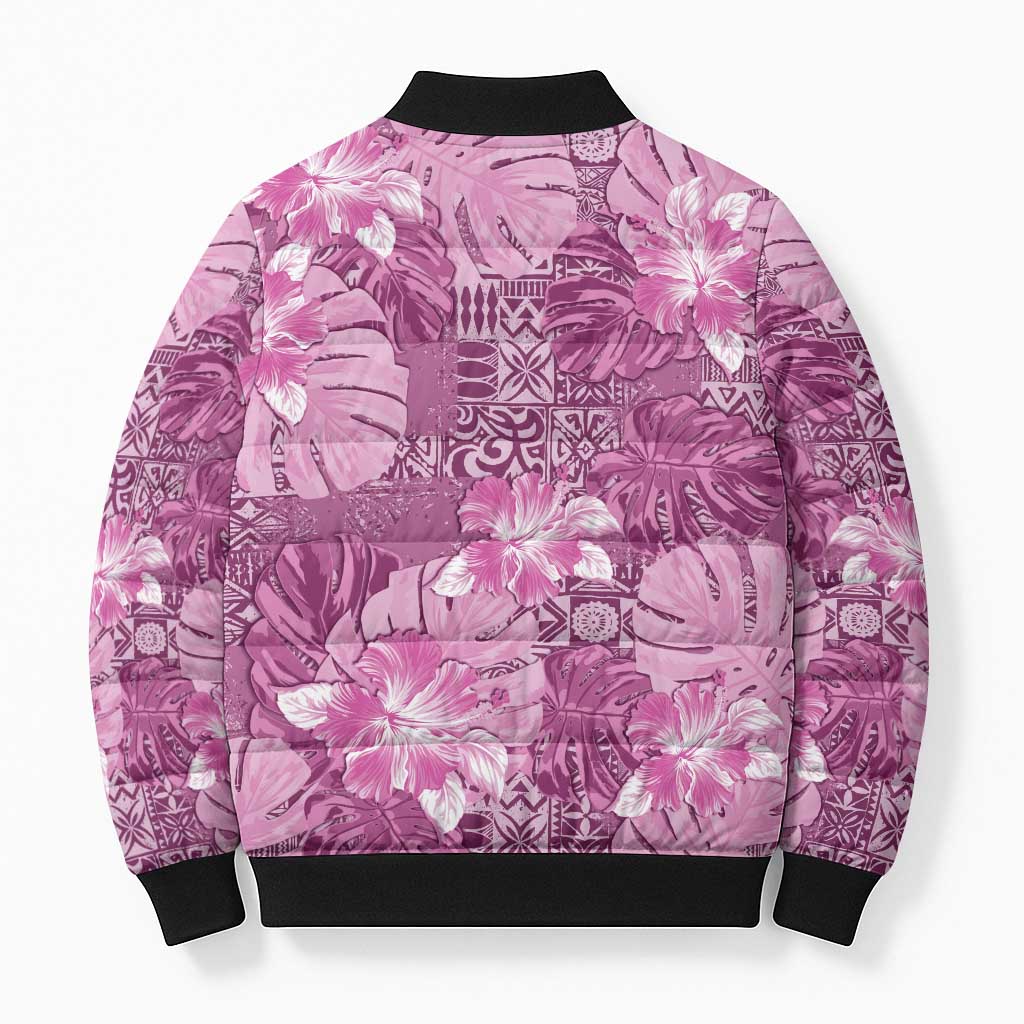 Hawaii Bomber Puffer Jacket Magenta Polynesian Monstera Patterns - Polynesian Pride