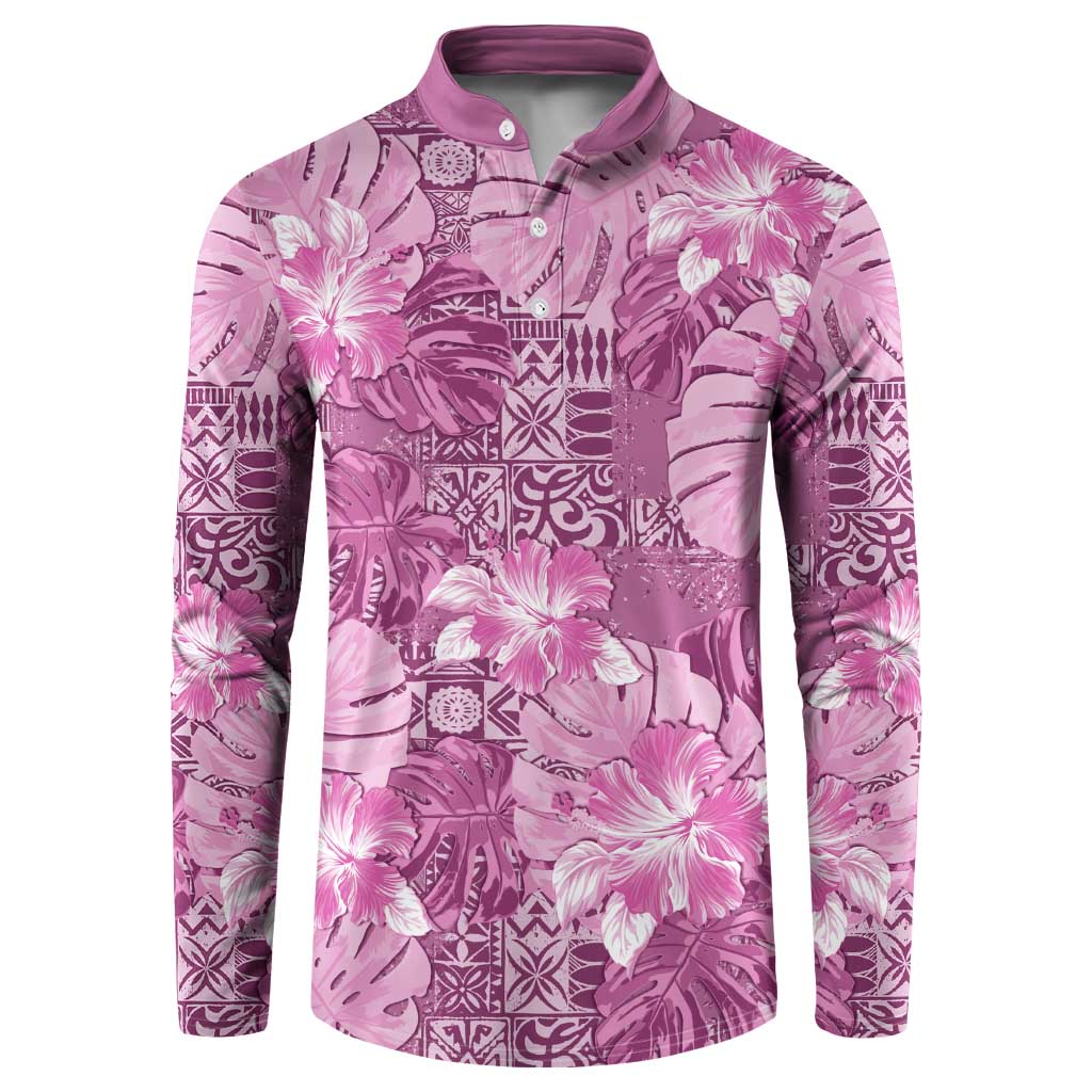 Hawaii Button Sweatshirt Magenta Polynesian Monstera Patterns - Polynesian Pride