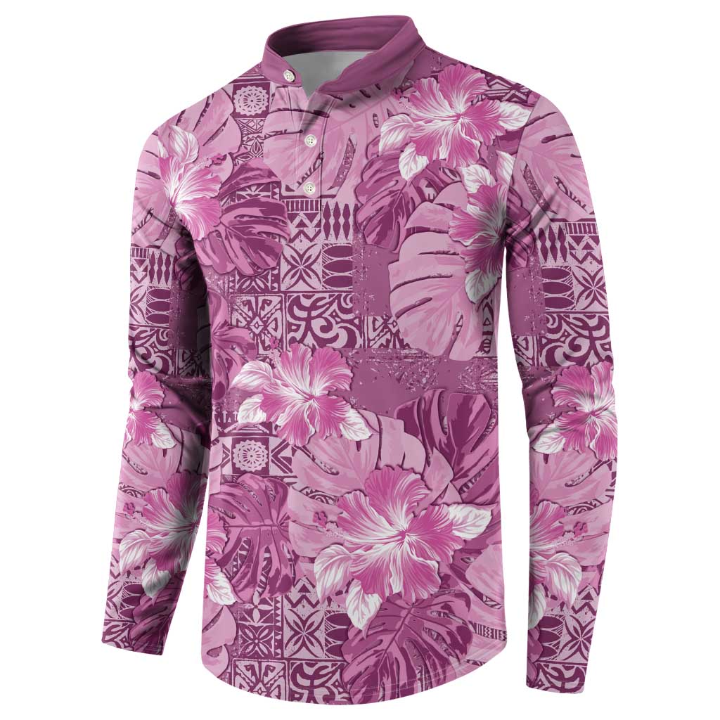 Hawaii Button Sweatshirt Magenta Polynesian Monstera Patterns - Polynesian Pride
