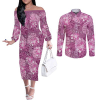 Hawaii Couples Matching Off The Shoulder Long Sleeve Dress and Long Sleeve Button Shirt Magenta Polynesian Monstera Patterns - Polynesian Pride