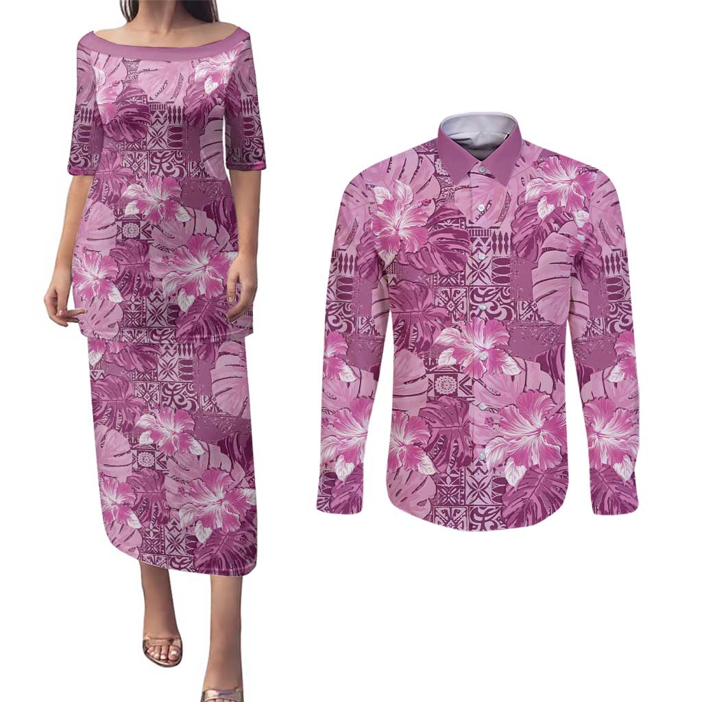 Hawaii Couples Matching Puletasi and Long Sleeve Button Shirt Magenta Polynesian Monstera Patterns - Polynesian Pride