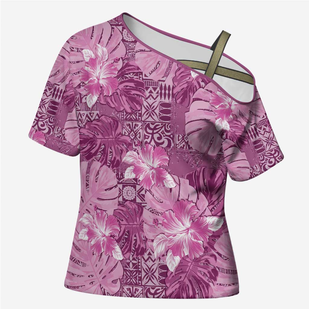 Hawaii Cross Shoulder Shirt Magenta Polynesian Monstera Patterns - Polynesian Pride