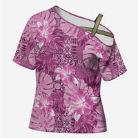 Hawaii Cross Shoulder Shirt Magenta Polynesian Monstera Patterns - Polynesian Pride