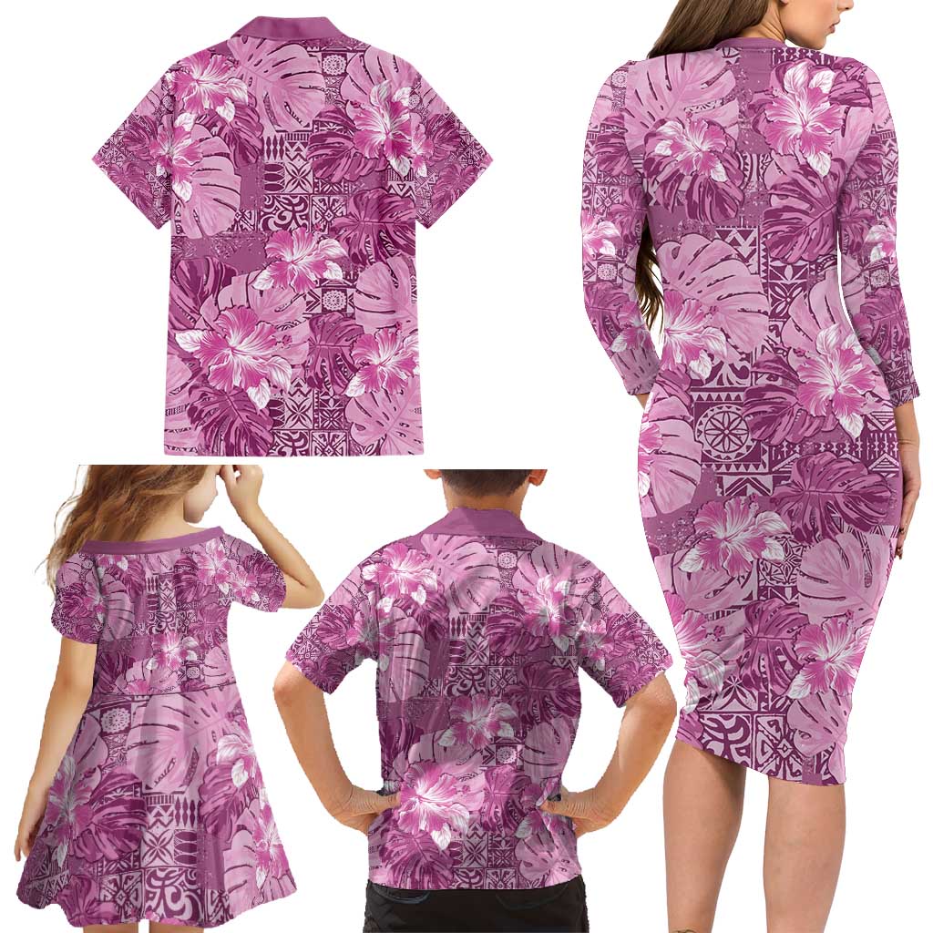 Hawaii Family Matching Long Sleeve Bodycon Dress and Hawaiian Shirt Magenta Polynesian Monstera Patterns - Polynesian Pride