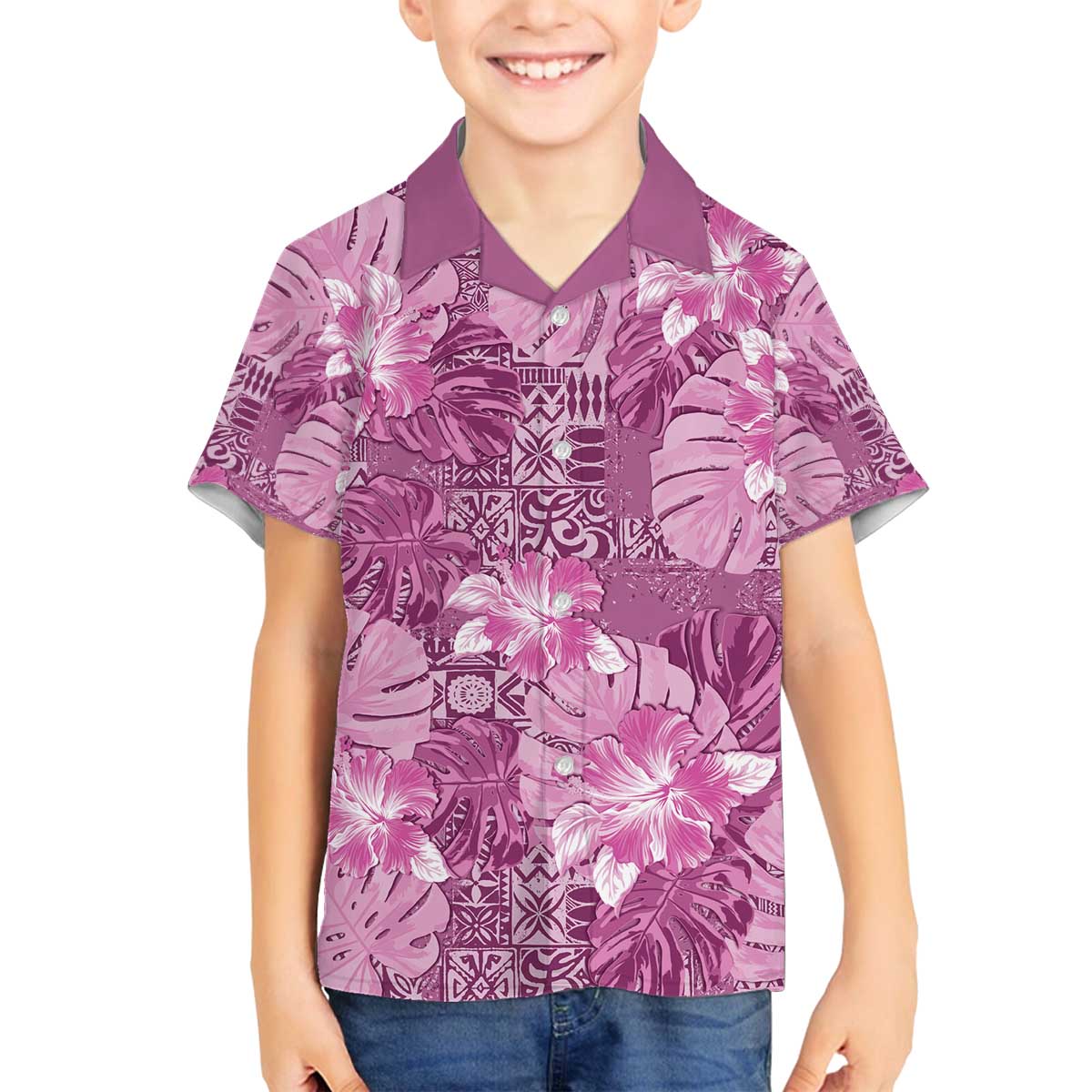 Hawaii Family Matching Off The Shoulder Long Sleeve Dress and Hawaiian Shirt Magenta Polynesian Monstera Patterns - Polynesian Pride
