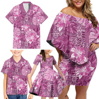 Hawaii Family Matching Off Shoulder Short Dress and Hawaiian Shirt Magenta Polynesian Monstera Patterns DT05 - Polynesian Pride