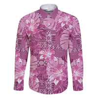 Hawaii Family Matching Off Shoulder Short Dress and Hawaiian Shirt Magenta Polynesian Monstera Patterns DT05 Dad's Shirt - Long Sleeve Magenta - Polynesian Pride