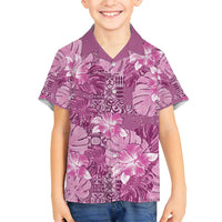 Hawaii Family Matching Off Shoulder Short Dress and Hawaiian Shirt Magenta Polynesian Monstera Patterns DT05 Son's Shirt Magenta - Polynesian Pride