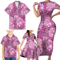Hawaii Family Matching Short Sleeve Bodycon Dress and Hawaiian Shirt Magenta Polynesian Monstera Patterns - Polynesian Pride