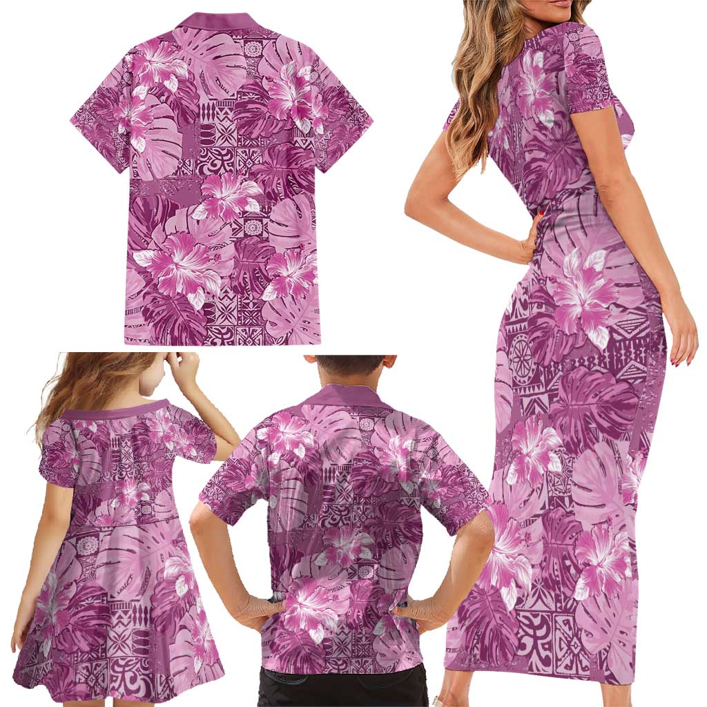 Hawaii Family Matching Short Sleeve Bodycon Dress and Hawaiian Shirt Magenta Polynesian Monstera Patterns - Polynesian Pride