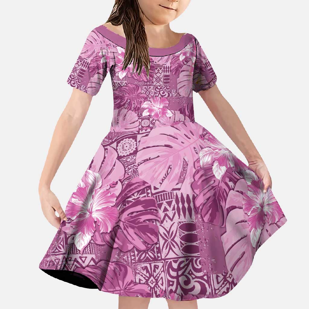Hawaii Family Matching Summer Maxi Dress and Hawaiian Shirt Magenta Polynesian Monstera Patterns DT05 Daughter's Dress Magenta - Polynesian Pride