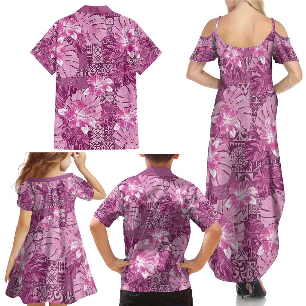 Hawaii Family Matching Summer Maxi Dress and Hawaiian Shirt Magenta Polynesian Monstera Patterns DT05 - Polynesian Pride