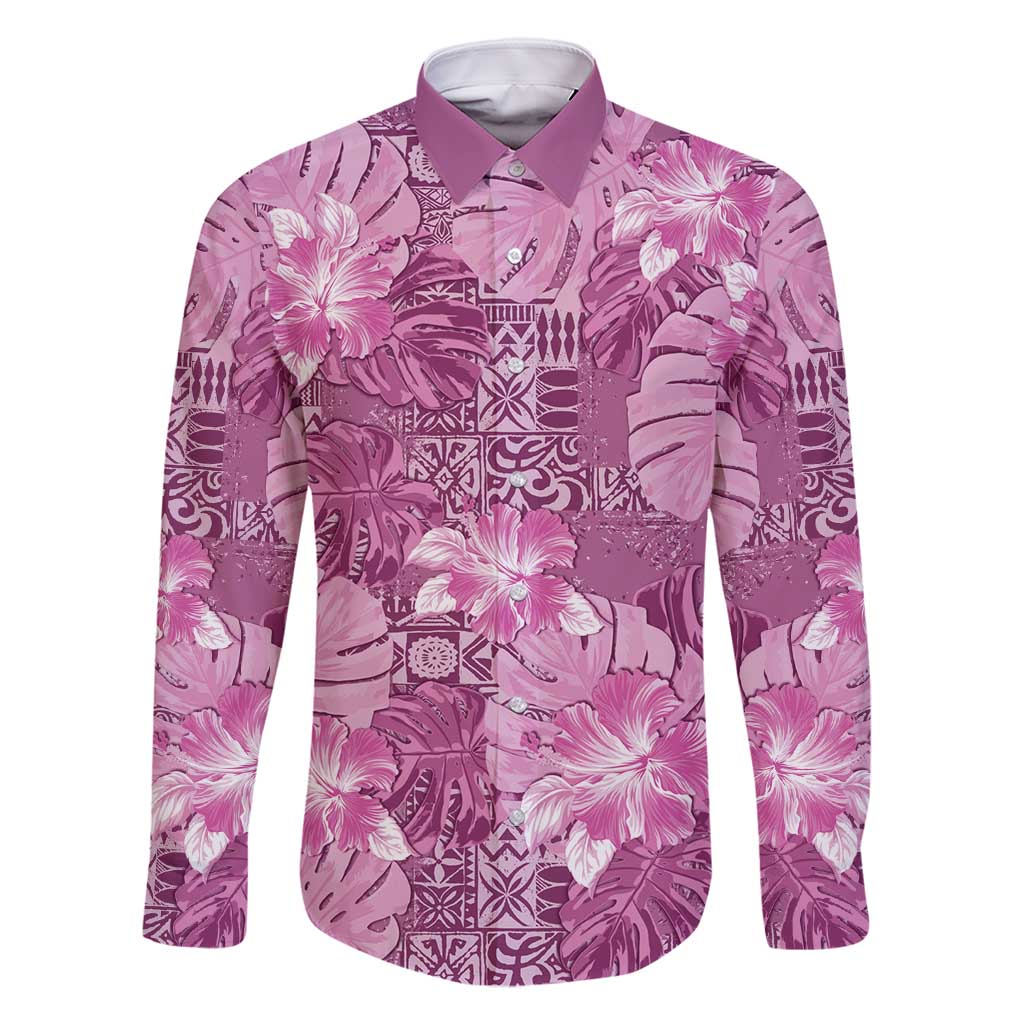 Hawaii Family Matching Summer Maxi Dress and Hawaiian Shirt Magenta Polynesian Monstera Patterns DT05 Dad's Shirt - Long Sleeve Magenta - Polynesian Pride