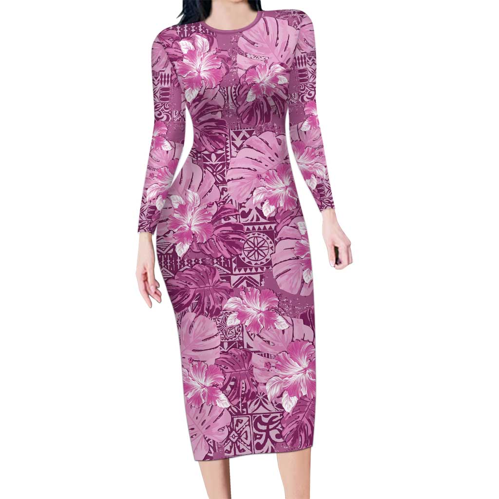 Hawaii Long Sleeve Bodycon Dress Magenta Polynesian Monstera Patterns - Polynesian Pride