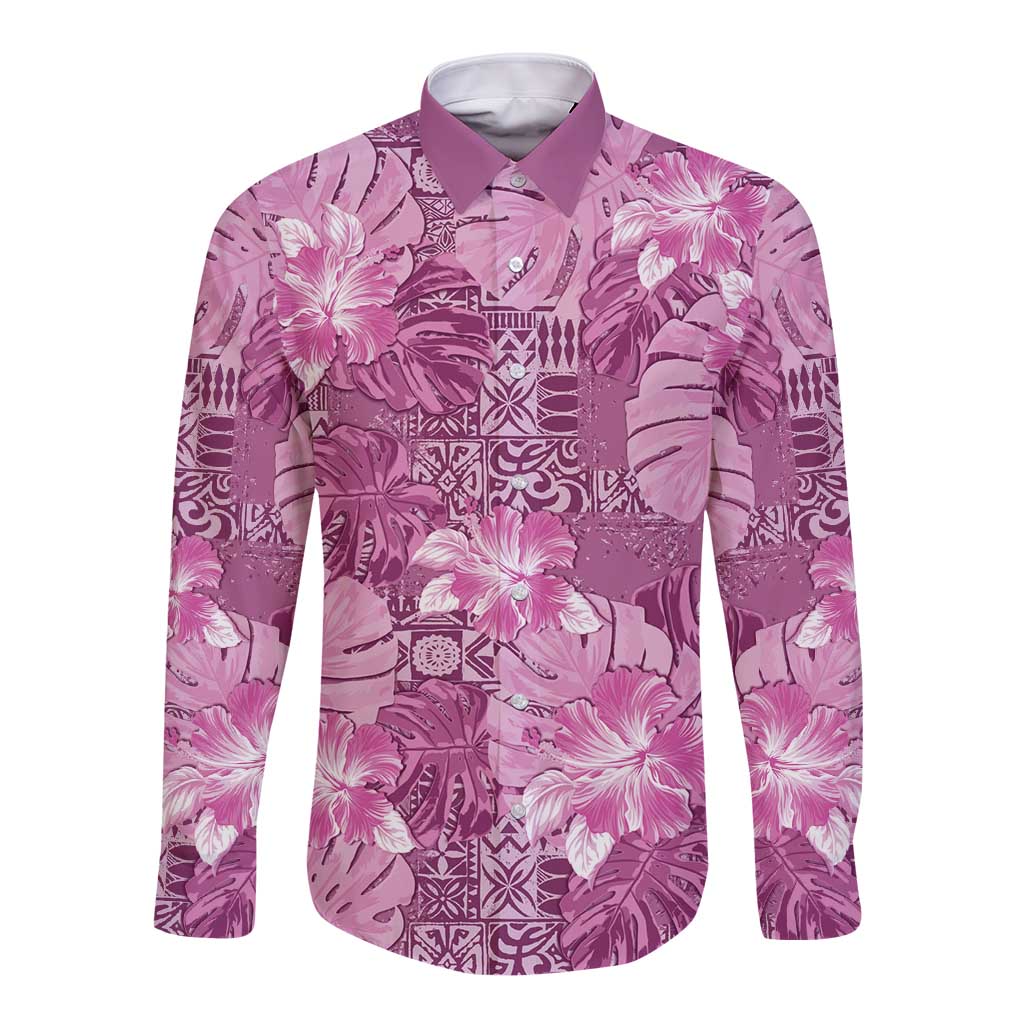 Hawaii Long Sleeve Button Shirt Magenta Polynesian Monstera Patterns - Polynesian Pride