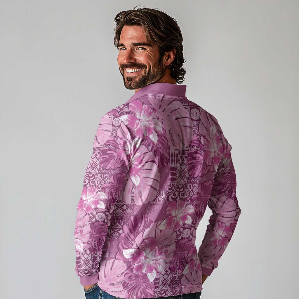 Hawaii Long Sleeve Polo Shirt Magenta Polynesian Monstera Patterns - Polynesian Pride