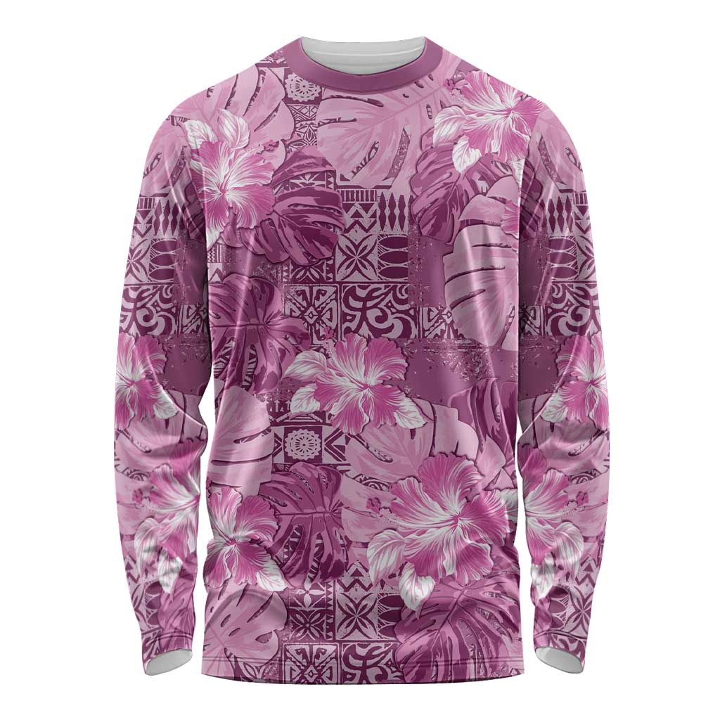 Hawaii Long Sleeve Shirt Magenta Polynesian Monstera Patterns - Polynesian Pride