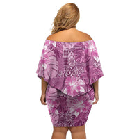 Hawaii Off Shoulder Short Dress Magenta Polynesian Monstera Patterns - Polynesian Pride