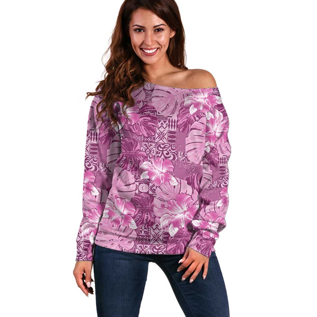 Hawaii Off Shoulder Sweater Magenta Polynesian Monstera Patterns - Polynesian Pride