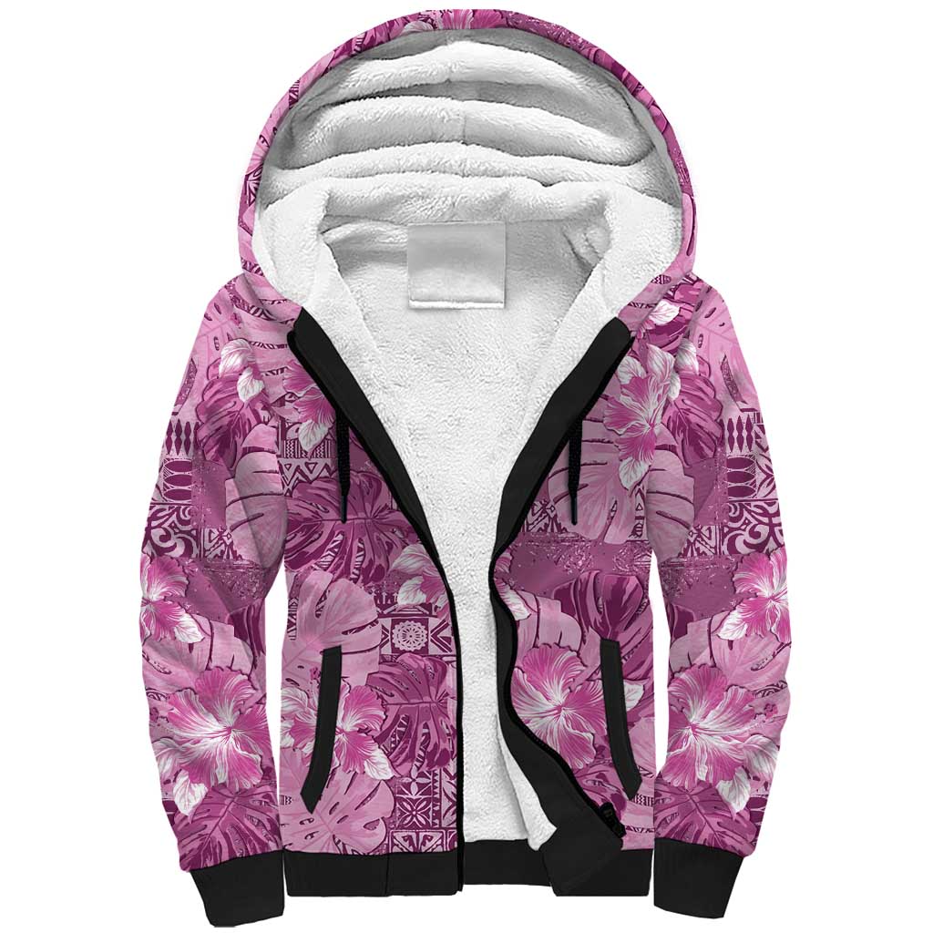 Hawaii Sherpa Hoodie Magenta Polynesian Monstera Patterns - Polynesian Pride