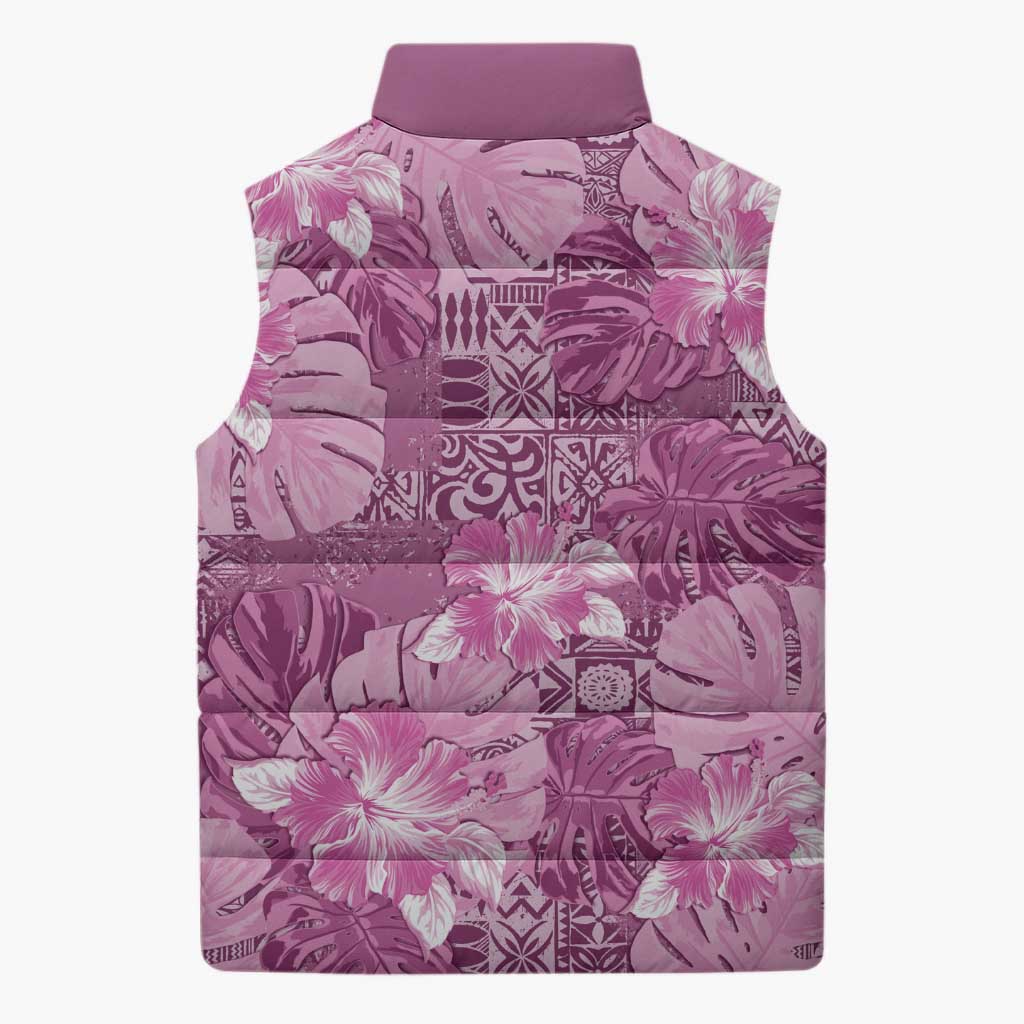 Hawaii Sleeveless Puffer Jacket Magenta Polynesian Monstera Patterns - Polynesian Pride