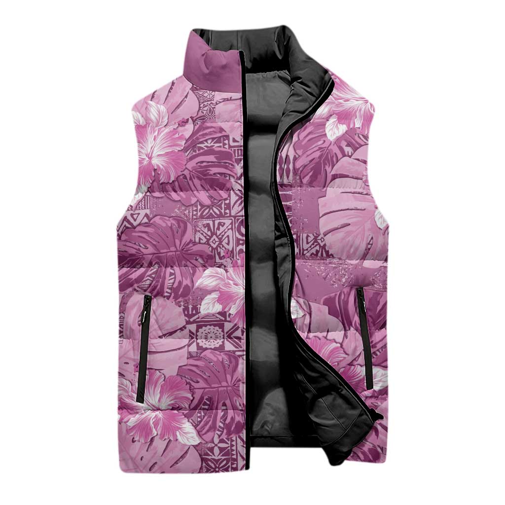 Hawaii Sleeveless Puffer Jacket Magenta Polynesian Monstera Patterns - Polynesian Pride