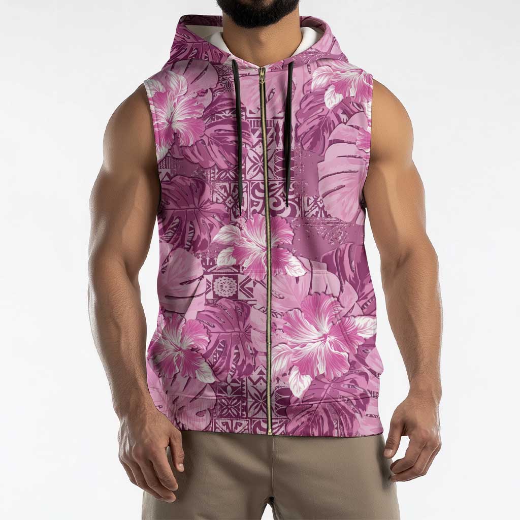 Hawaii Sleeveless Zip Hoodie Magenta Polynesian Monstera Patterns - Polynesian Pride