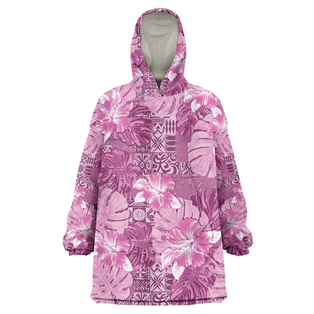 Hawaii Wearable Blanket Hoodie Magenta Polynesian Monstera Patterns - Polynesian Pride