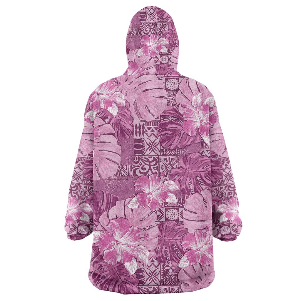 Hawaii Wearable Blanket Hoodie Magenta Polynesian Monstera Patterns - Polynesian Pride