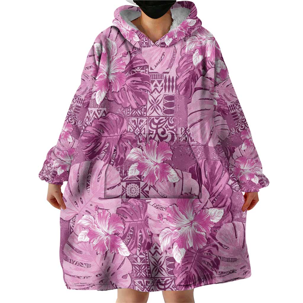 Hawaii Wearable Blanket Hoodie Magenta Polynesian Monstera Patterns - Polynesian Pride
