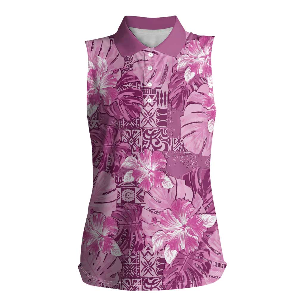 Hawaii Women Sleeveless Polo Shirt Magenta Polynesian Monstera Patterns - Polynesian Pride