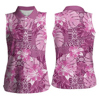 Hawaii Women Sleeveless Polo Shirt Magenta Polynesian Monstera Patterns - Polynesian Pride