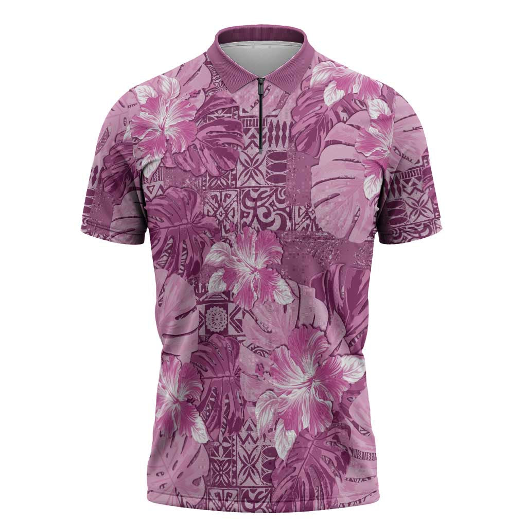 Hawaii Zipper Polo Shirt Magenta Polynesian Monstera Patterns - Polynesian Pride