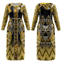Aotearoa Ngati Whatua Couples Matching Long Sleeve Bodycon Dress and Hawaiian Shirt Maori Tribal Gold Paua Shell Pattern DT05 - Polynesian Pride