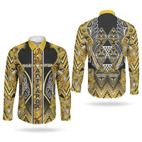 Aotearoa Ngati Whatua Couples Matching Off The Shoulder Long Sleeve Dress and Long Sleeve Button Shirt Maori Tribal Gold Paua Shell Pattern DT05 - Polynesian Pride