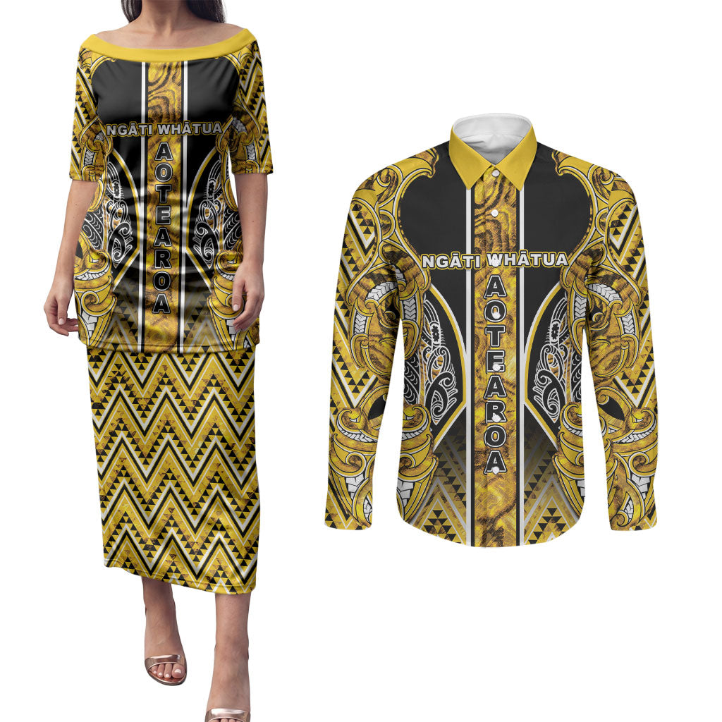 Aotearoa Ngati Whatua Couples Matching Puletasi and Long Sleeve Button Shirt Maori Tribal Gold Paua Shell Pattern DT05 Yellow - Polynesian Pride